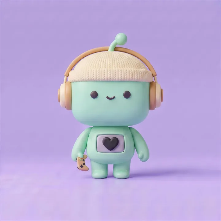 Mint DeBot with beanie, headphones and game controller