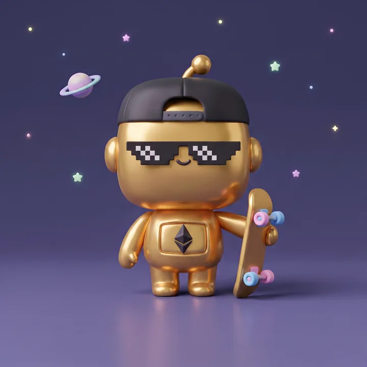 Gold DeBot with snapback, pixel shades, skateboard and ETH belly badge