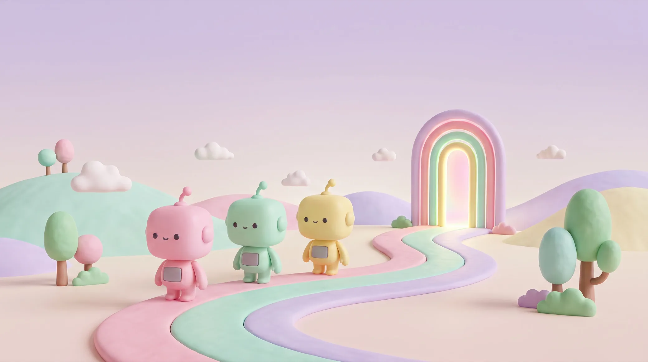 Small clay robots walking a winding pastel path toward a glowing portal
