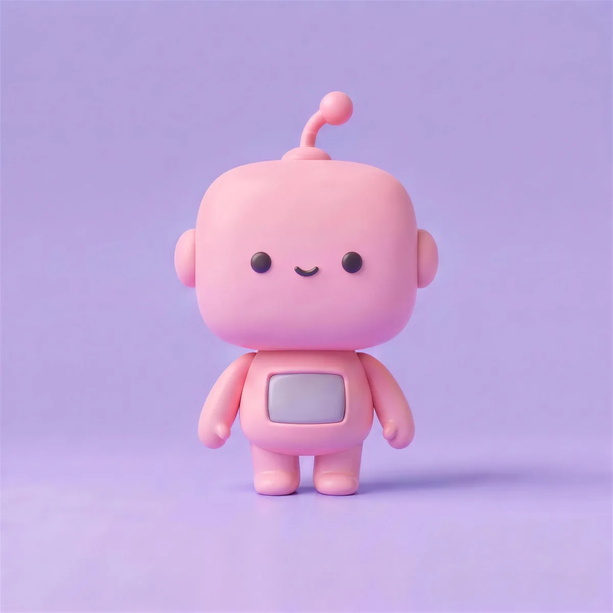 The original DeBot — soft pink clay robot standing on lavender