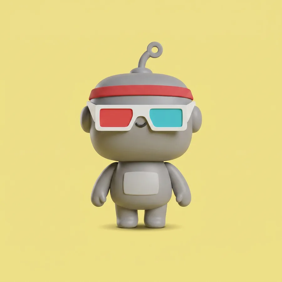 A revealed DeBot in a headband and 3D glasses