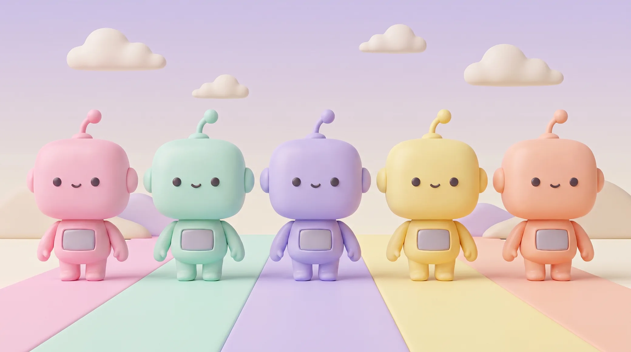 Five pastel DeBots standing together in a soft clay world